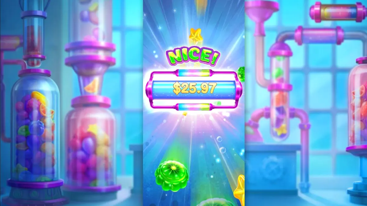 Tampilan antarmuka slot Sweet Burst dengan tema laboratorium permen