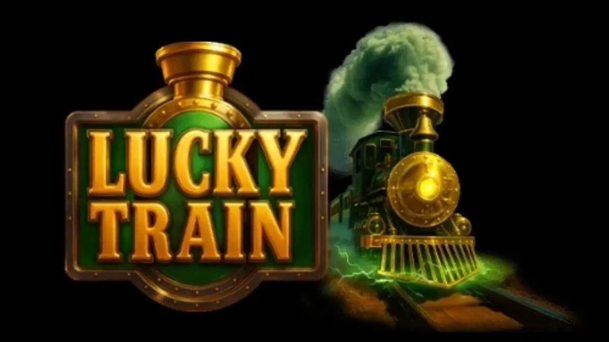Kereta uap steampunk dengan latar belakang gurun Wild West dalam slot Lucky Train.